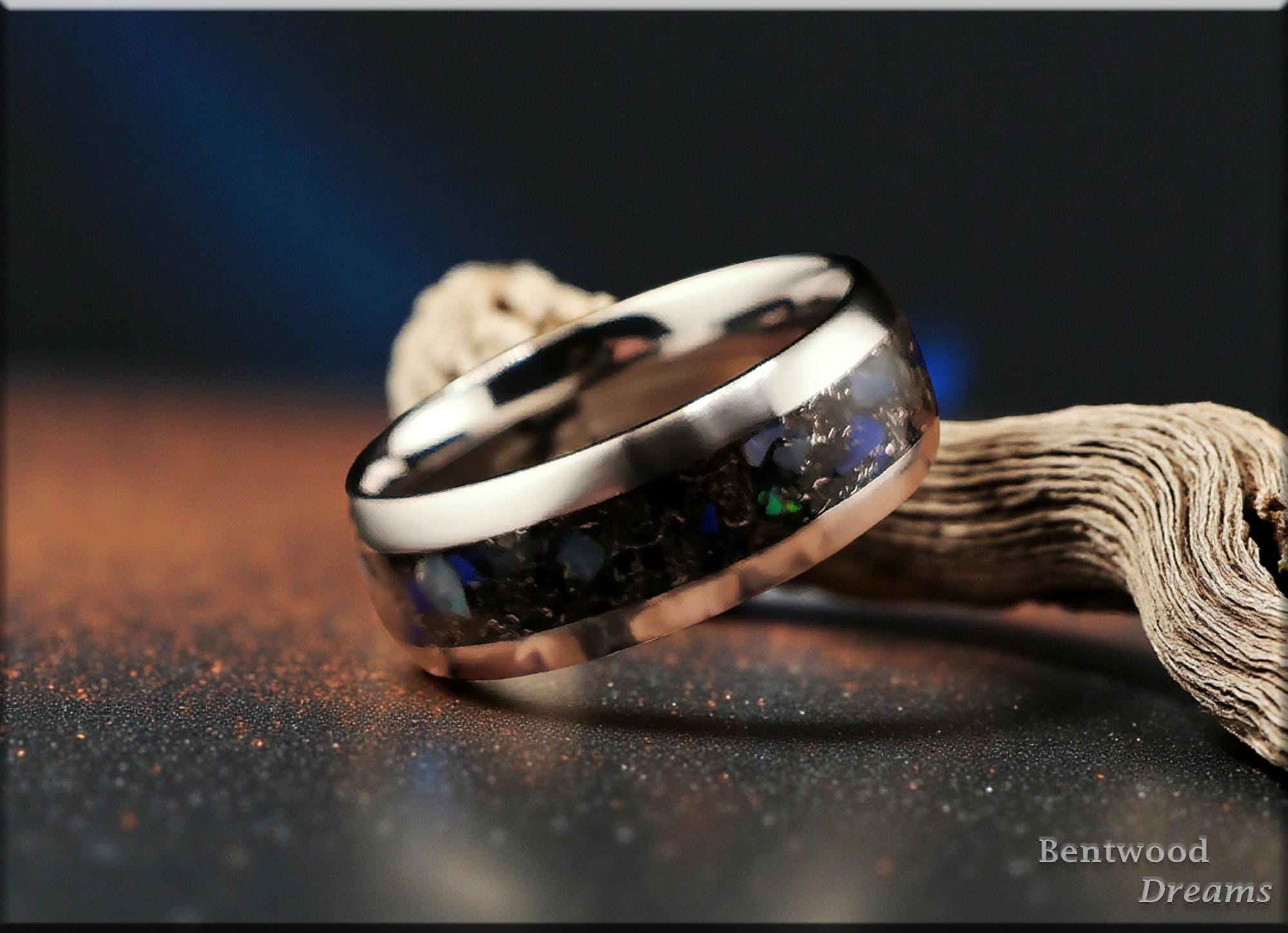 Niobium Ring: inlaid Gibeon Meteorite, Australian Black Opal, and Azurite, Rare Earth Metal