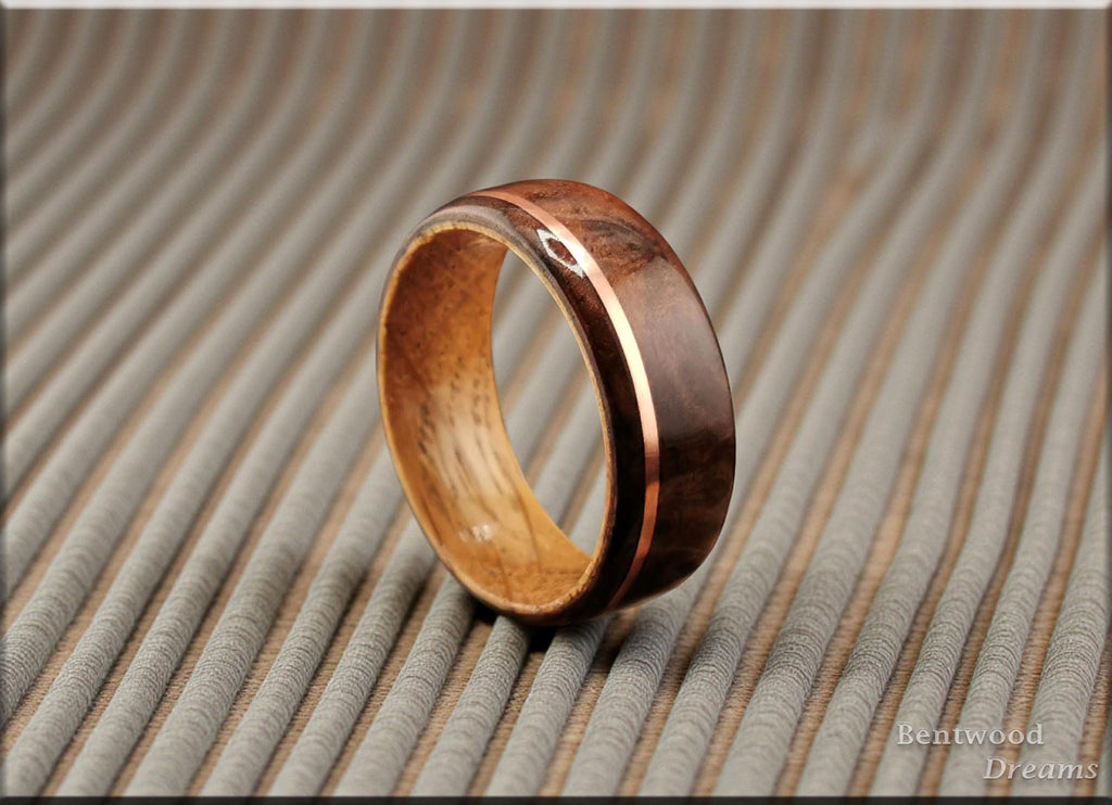 Bentwood Ring: Walnut Burl, offset inlaid Copper Wire, Whisky Barrel Oak core, wood ring