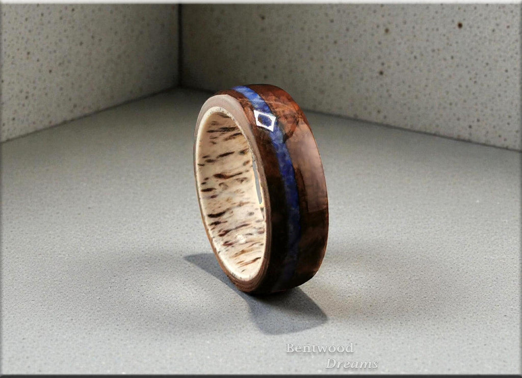 Bentwood Ring: Curly Smoked Etimoe, inlaid Australian Coober Pedy Opal, Deer Antler core