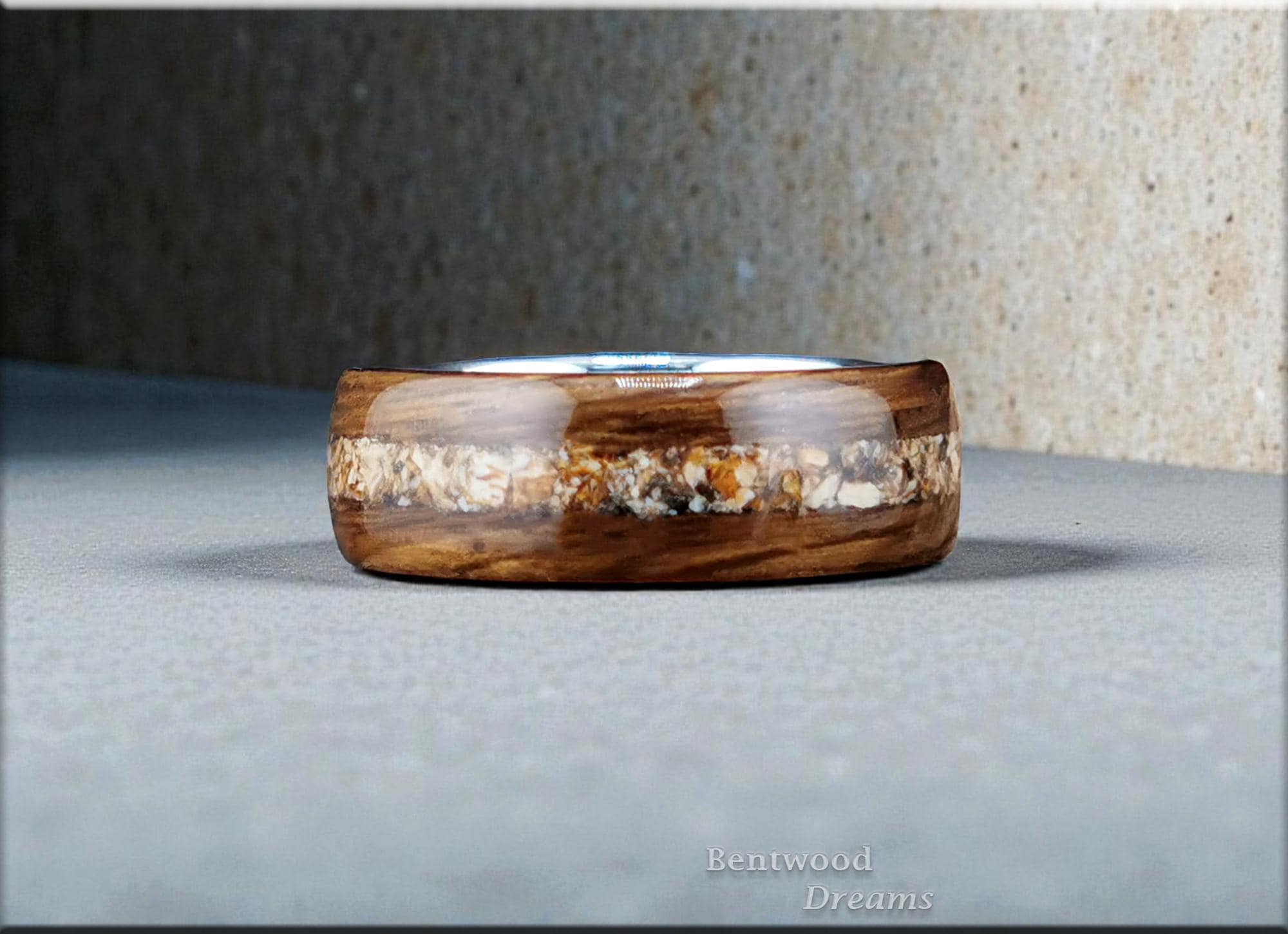 Bentwood Ring: Smoked Red Oak, inlaid Megalodon Tooth, Polished Tungsten Carbide Core, Quick Ship