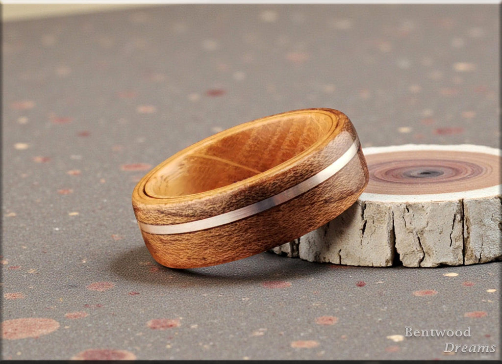 Spalted Maple Bentwood Ring, offset inlaid Silver Wire, Whisky Barrel core