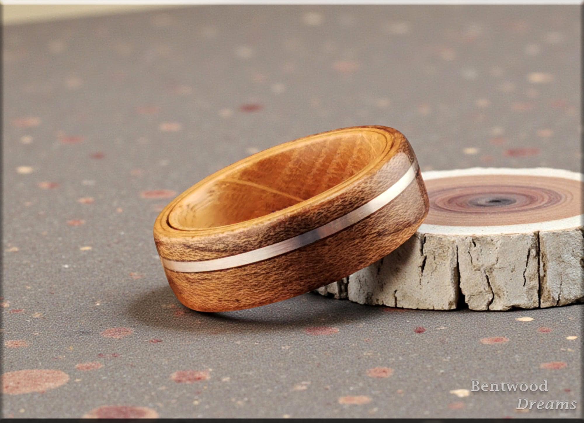 Spalted Maple Bentwood Ring, offset inlaid Silver Wire, Whisky Barrel core