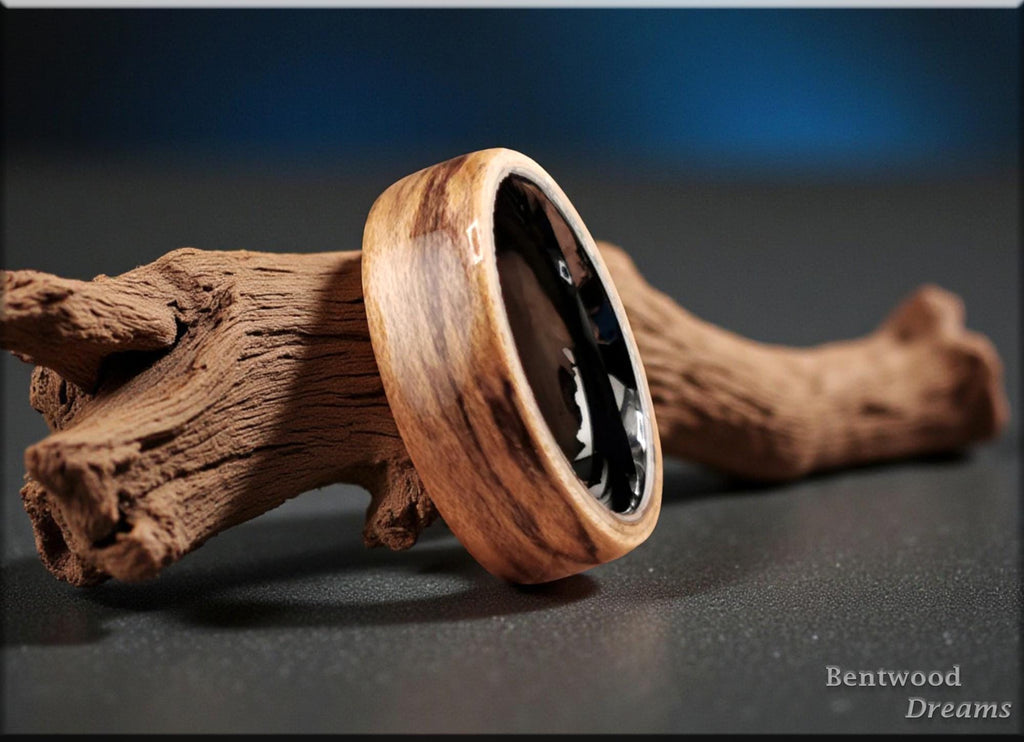 Bentwood Ring: Spalted Maple, Polished Black Ceramic core, wood ring