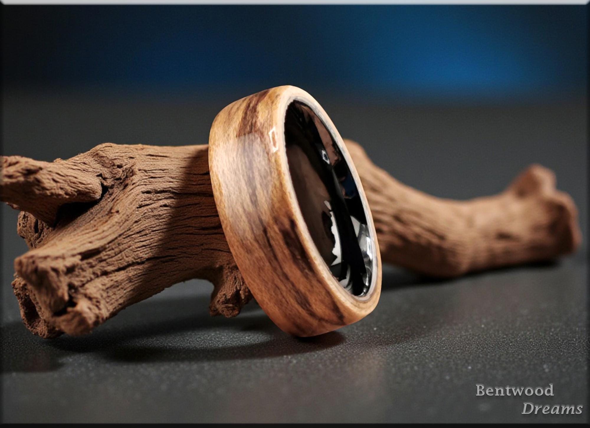 Bentwood Ring: Spalted Maple, Polished Black Ceramic core, wood ring