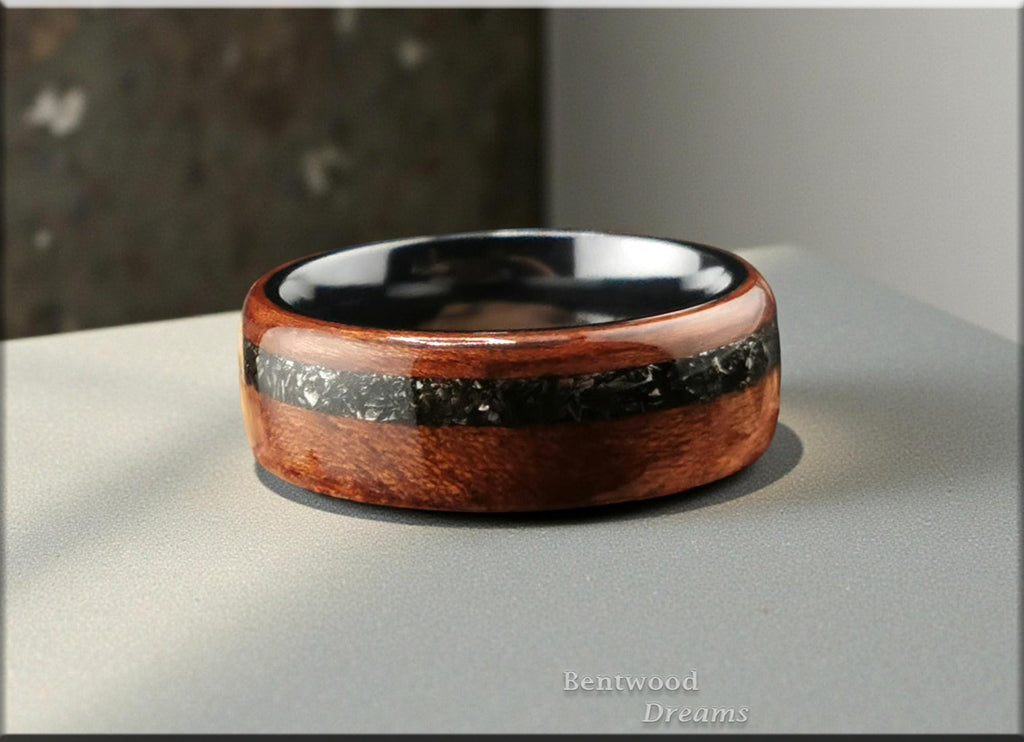 Bentwood Ring: Tiama, offset inlaid Campo del Cielo Meteorite, Polished Black Zirconium core