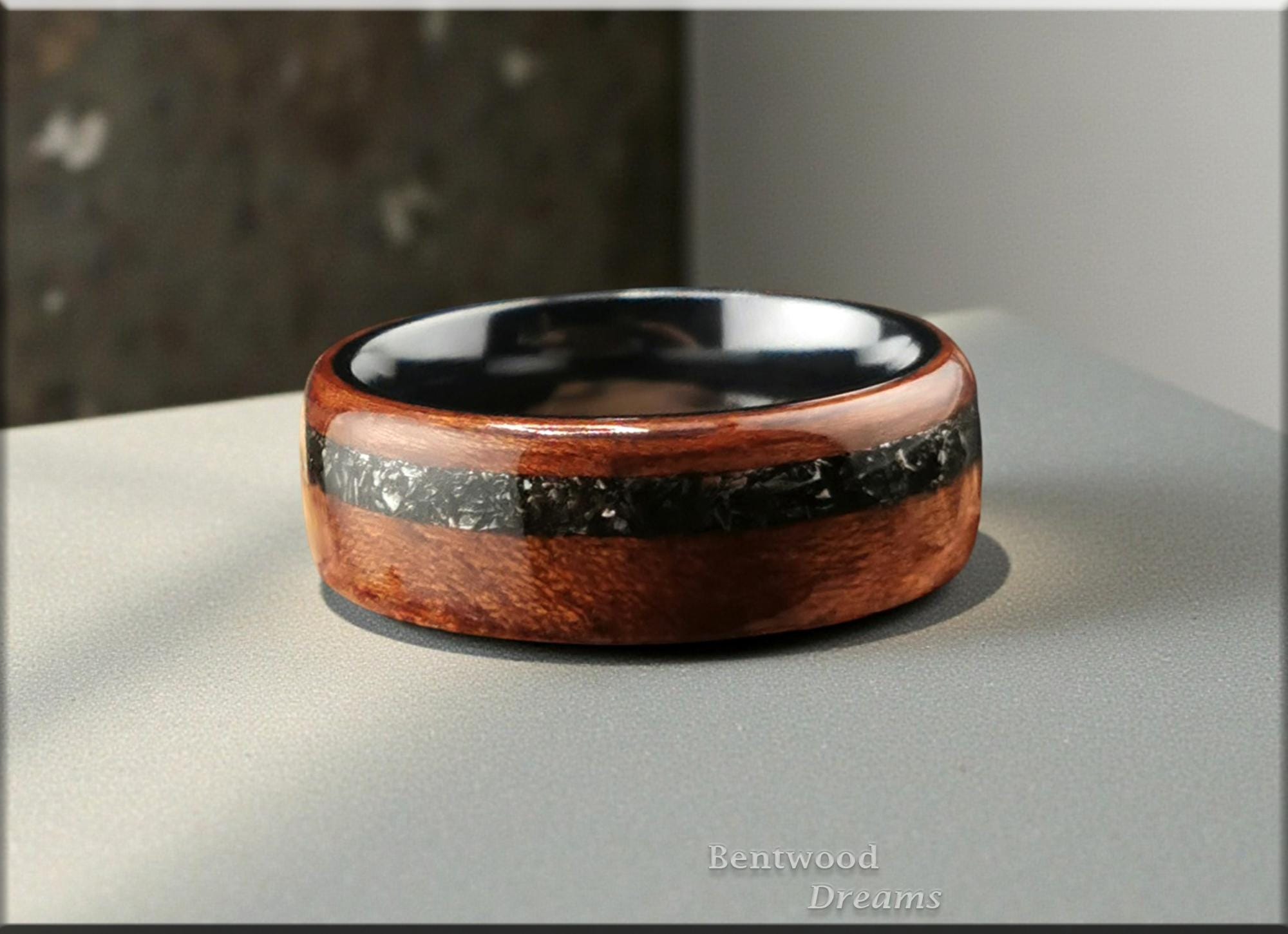 Bentwood Ring: Tiama, offset inlaid Campo del Cielo Meteorite, Polished Black Zirconium core