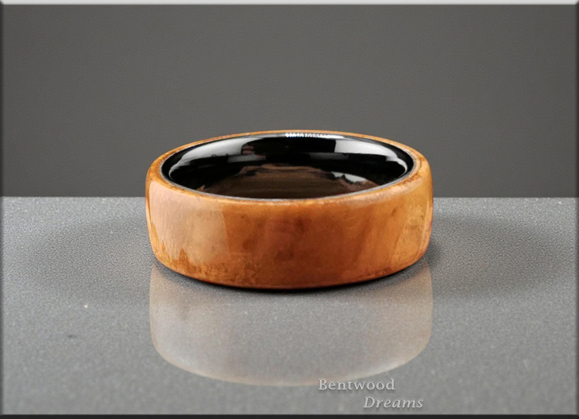 Bentwood Ring: Rare Myrtle Burl, polished Black Ceramic core, wood ring