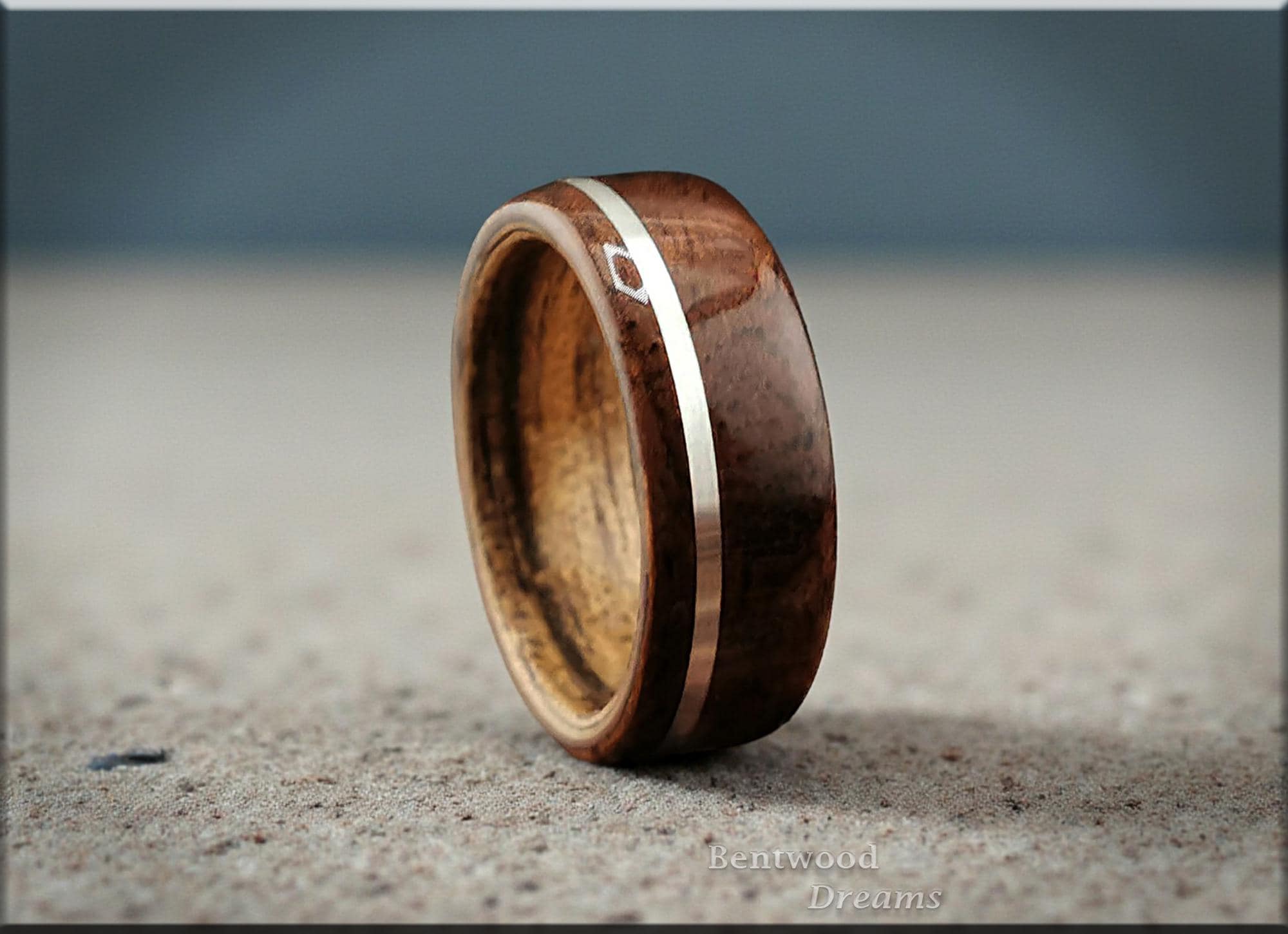Claro Walnut Burl Bentwood Ring: Sterling Silver Inlay, Paldao Core