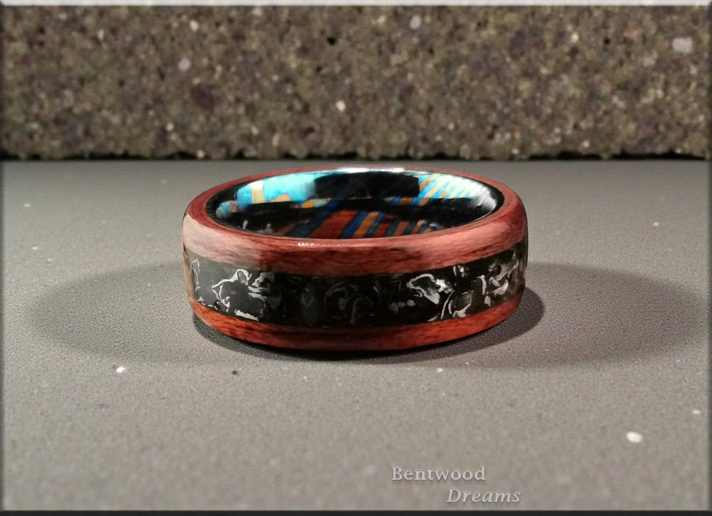 Bentwood Ring: Figured Etimoe, inlaid Aletai Meteorite, Timascus core - wood ring