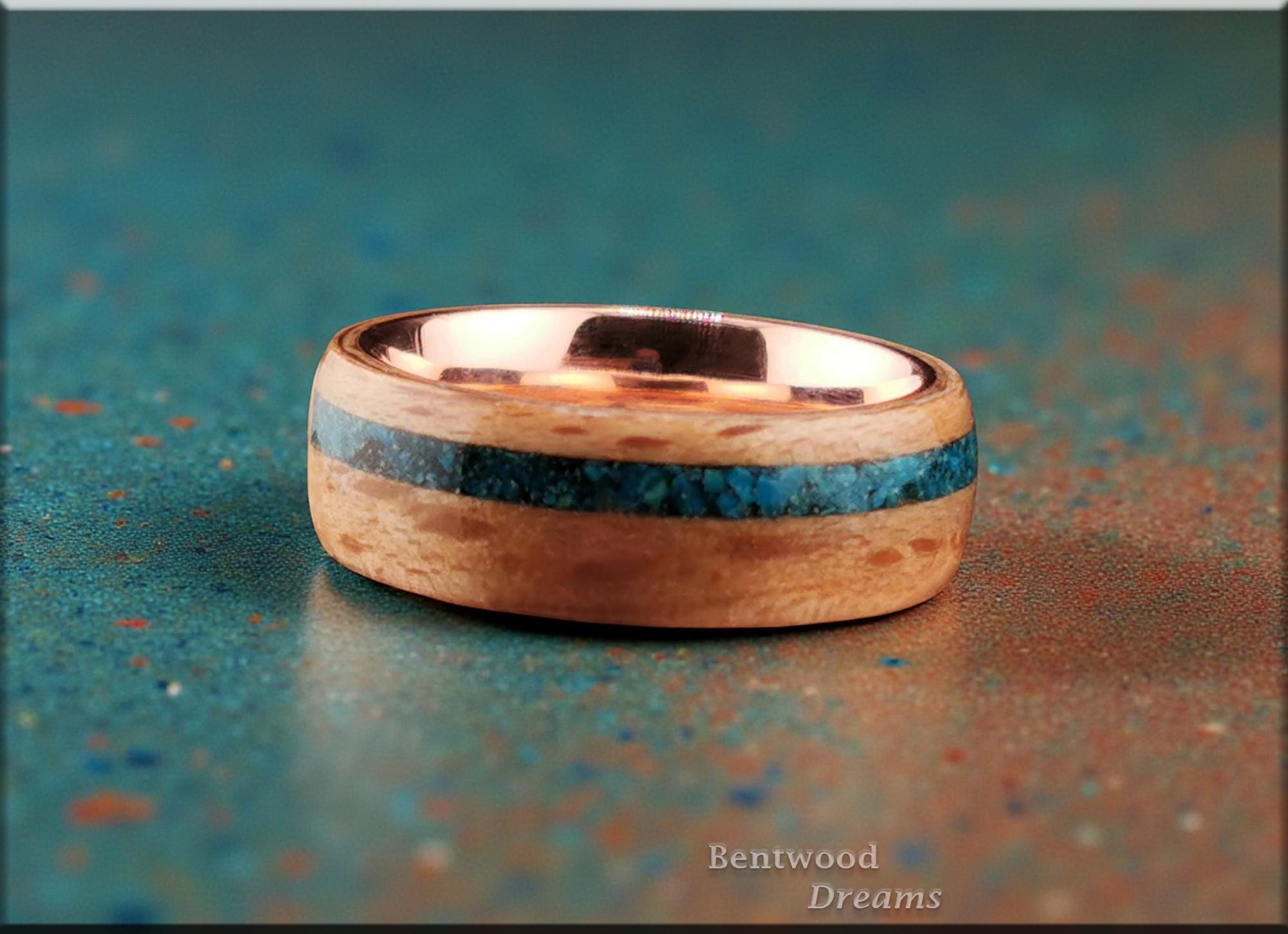 Bentwood Ring: Brownheart Beech, offset inlaid Chilean Blue Opal, Polished Copper core, wood ring