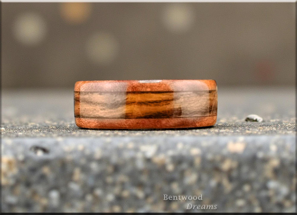 Bentwood Ring: Arbutus Burl, inlaid Teak wood, Deer Antler core