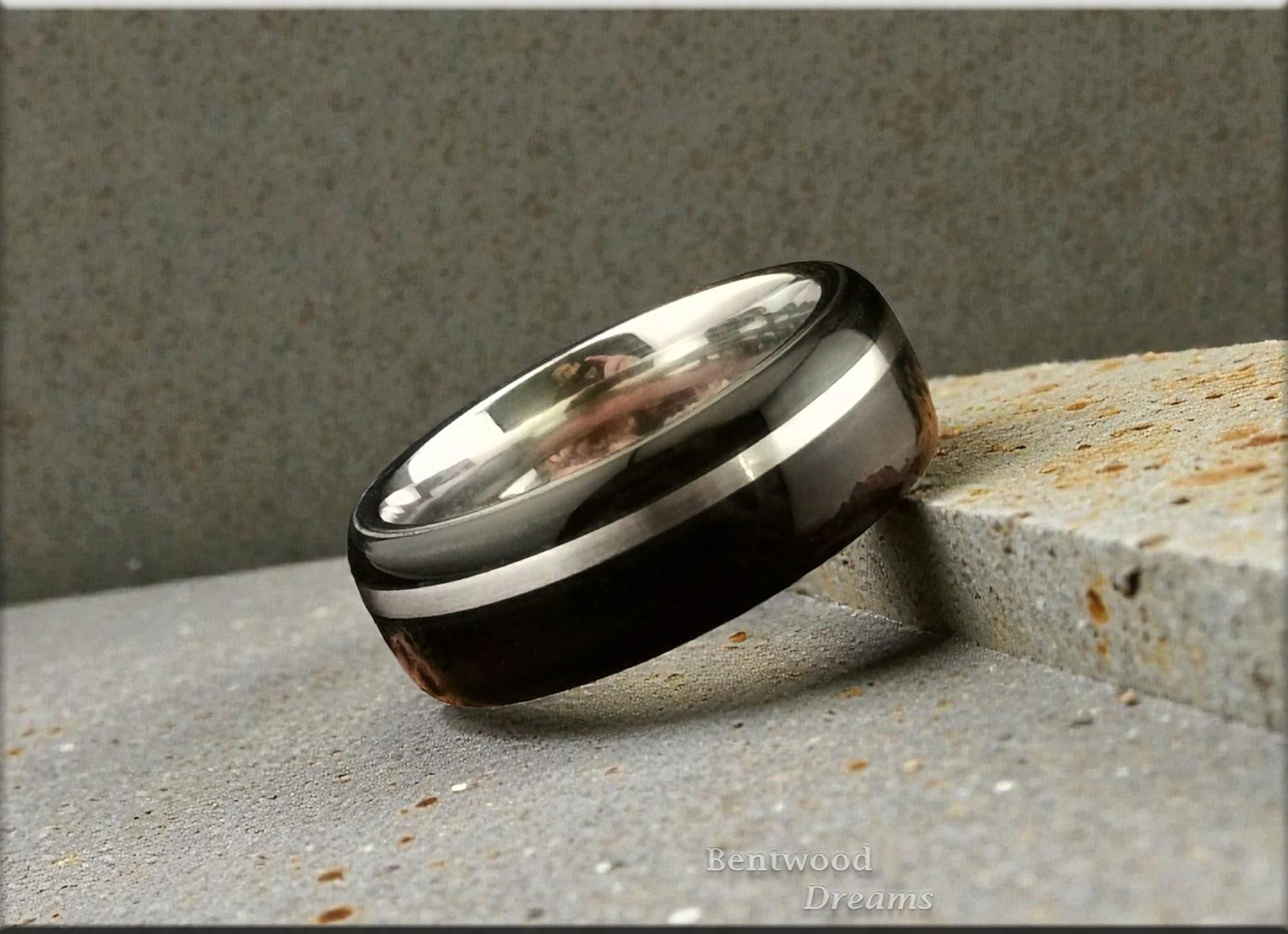Bentwood Ring: Ebony, inlaid wide Sterling Silver, Polished Cobalt Chrome core