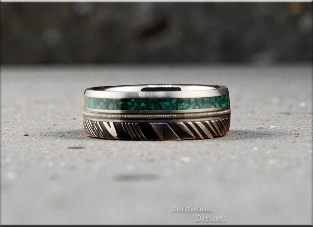Black Damascus Steel Ring, w/inlaid Guitar String and Green Malachite, metal ring