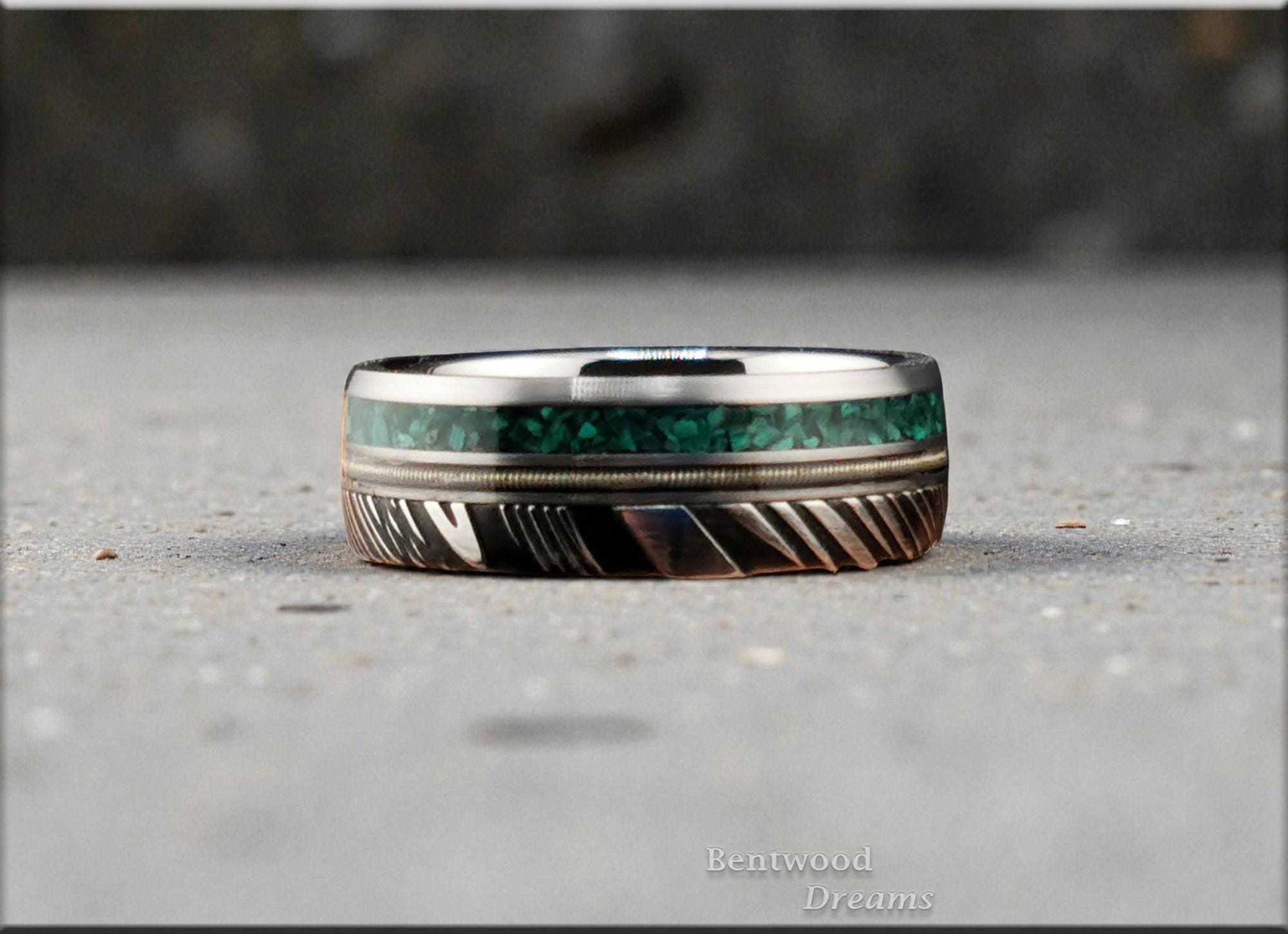 Black Damascus Steel Ring, w/inlaid Guitar String and Green Malachite, metal ring