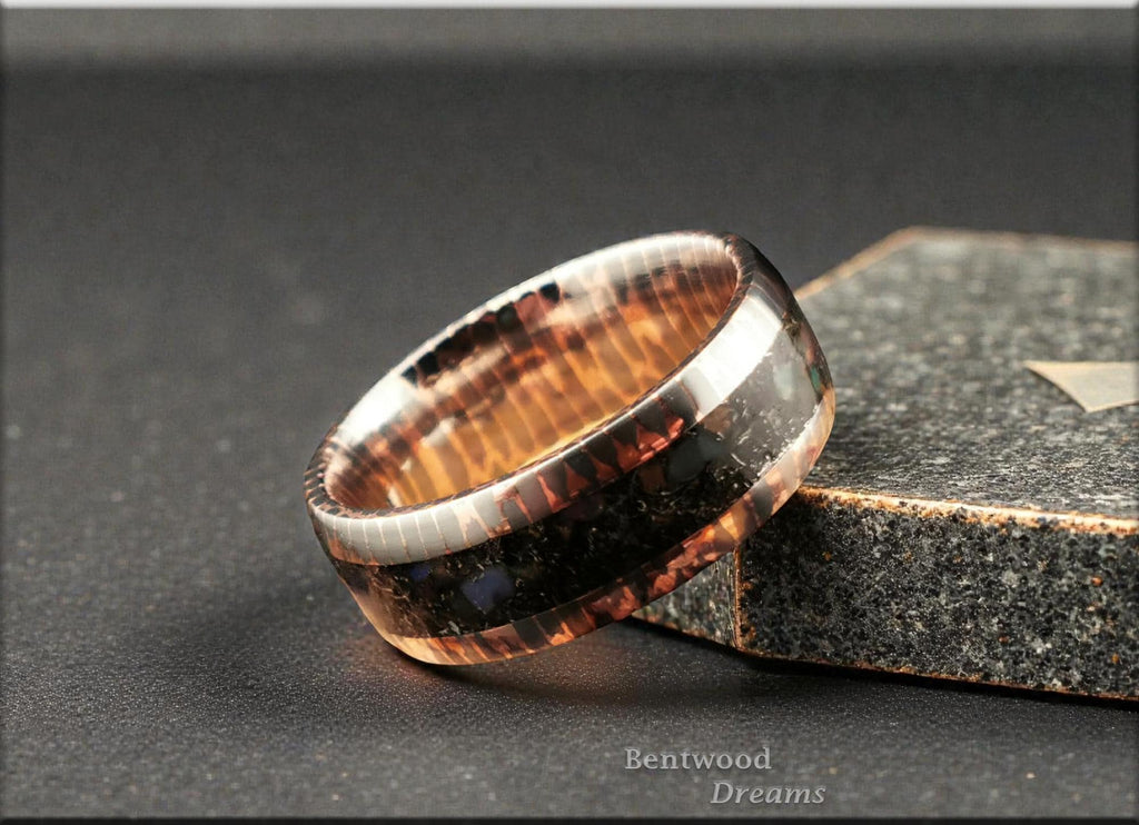 Superconductor Ring: inlaid Meteorite, Dinosaur Bone, and Ethiopian Opal, Straight-Cut/Small Filament