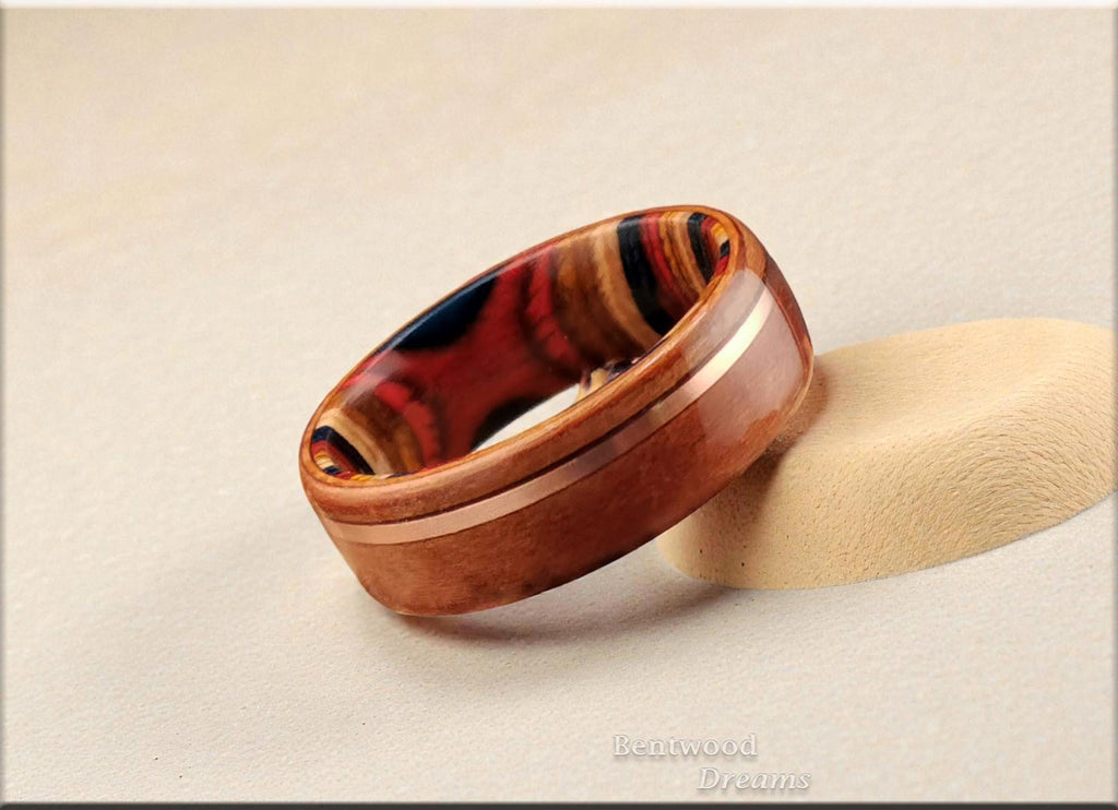 Plum Wood Bentwood Ring: Copper Inlay, Multi-Color Core
