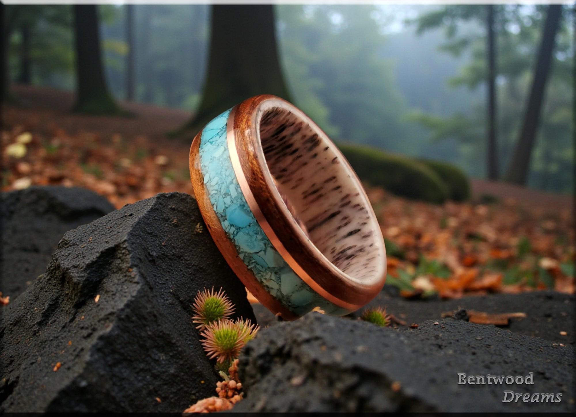 Bentwood Ring: Quartersawn Etimoe, inlaid Kingman Turquoise and Copper Wire, Deer Antler core