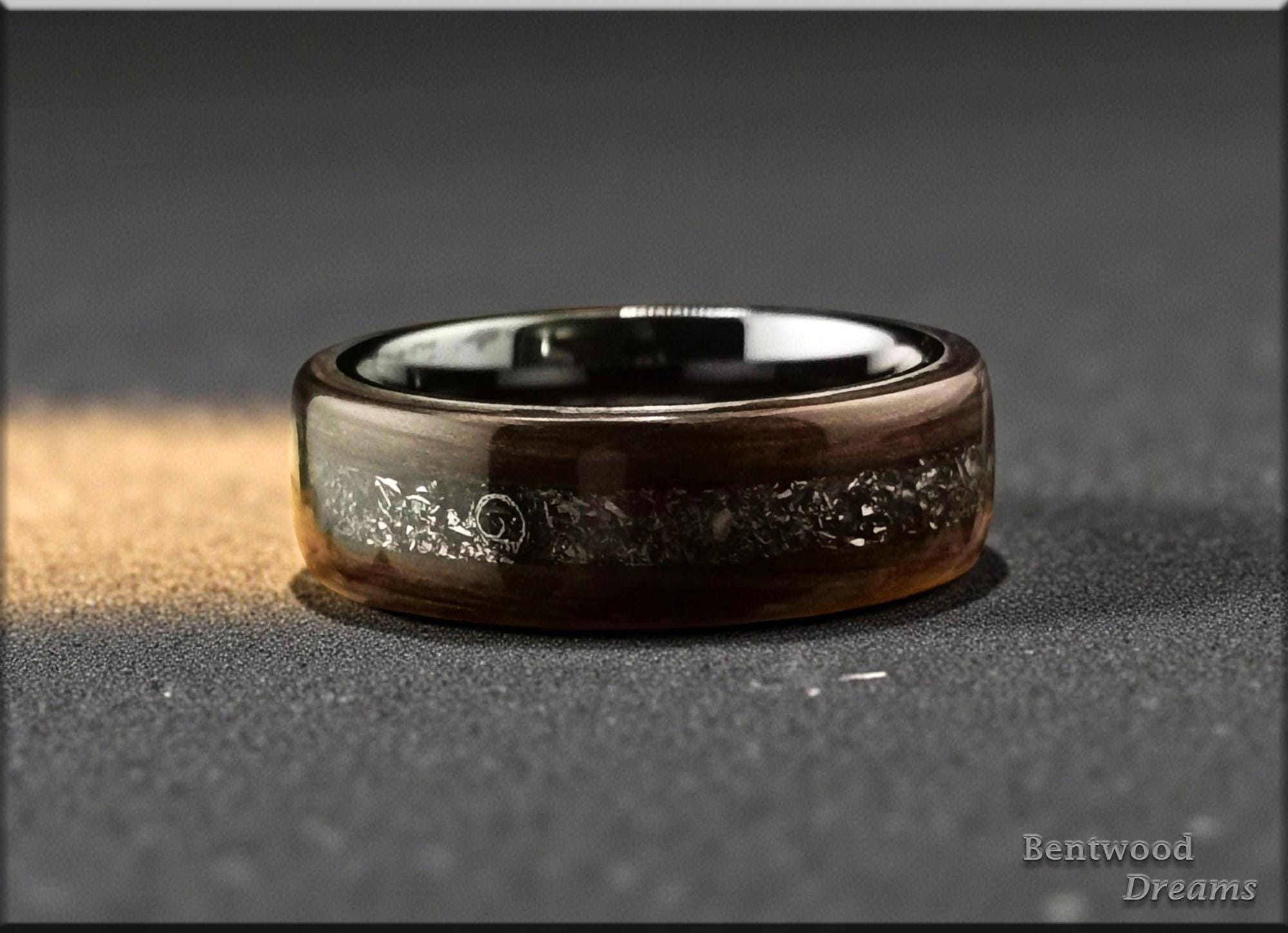 Bog Oak Bentwood Ring: Campo Cielo Meteorite Inlay, Black Ceramic Core