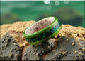 Bentwood Ring: Green Koto, inlaid Lab Cultured Opal, Deer Antler core, wood ring
