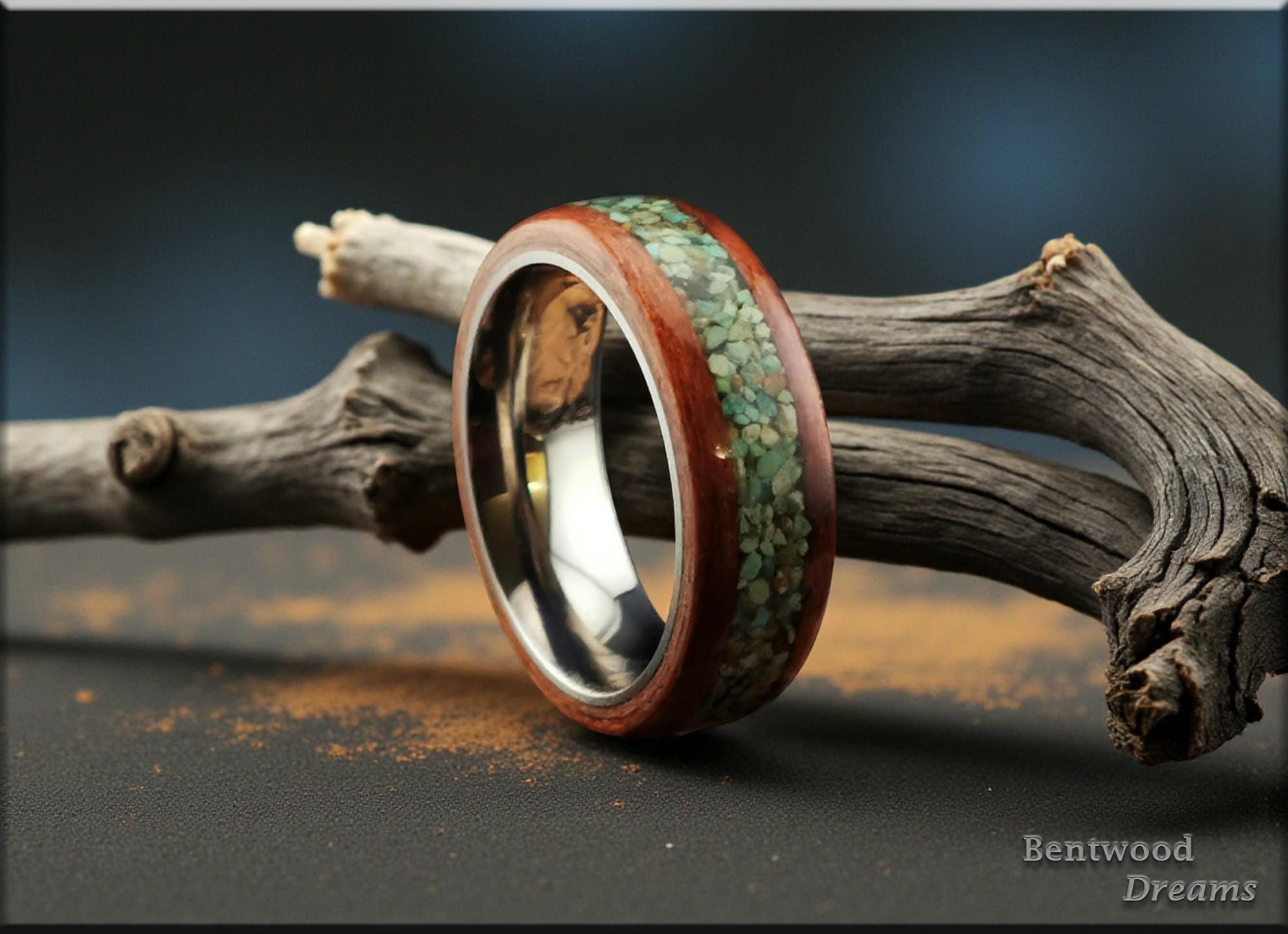 Bentwood Ring: Bubinga, inlaid Green Turquoise, Tungsten Carbide core, wood ring