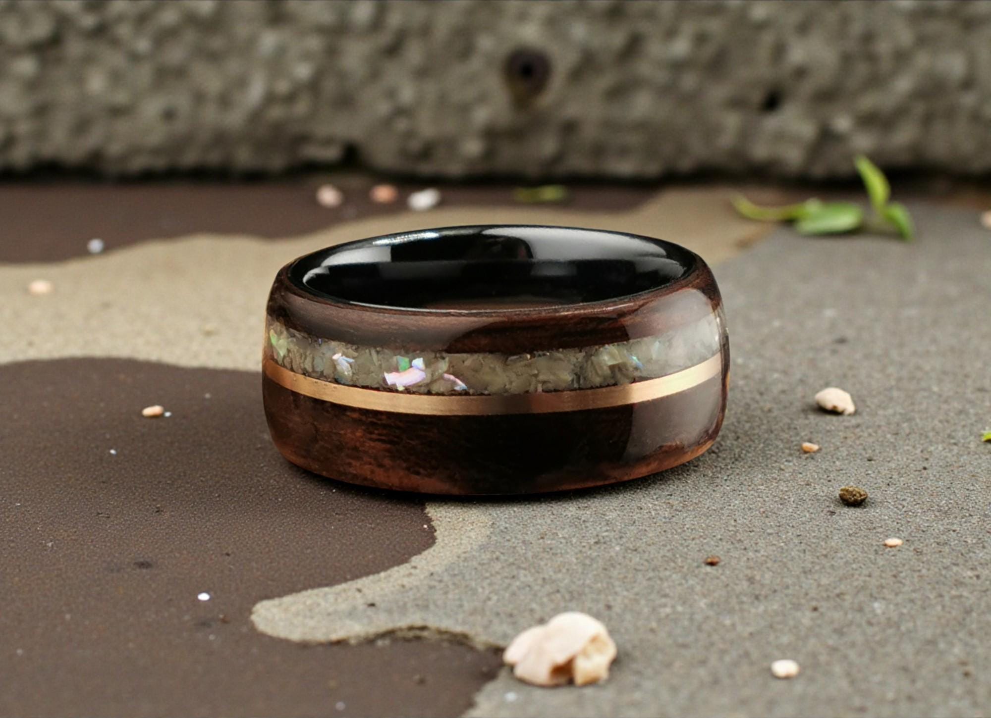 Bentwood Ring: Smoked Etimoe, inlaid Bronze Wire and Japanese Abalone, Black Ceramic core