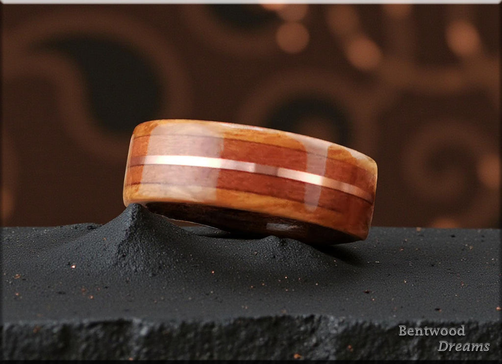 Bentwood Ring: Eucalyptus Burl, inlaid Plum Wood and Copper Wire, Smoked Etimoe core