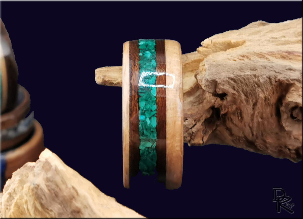 Bentwood Ring: Brownheart Beech, offset inlaid Smoked Etimoe and Malachite, Titanium core