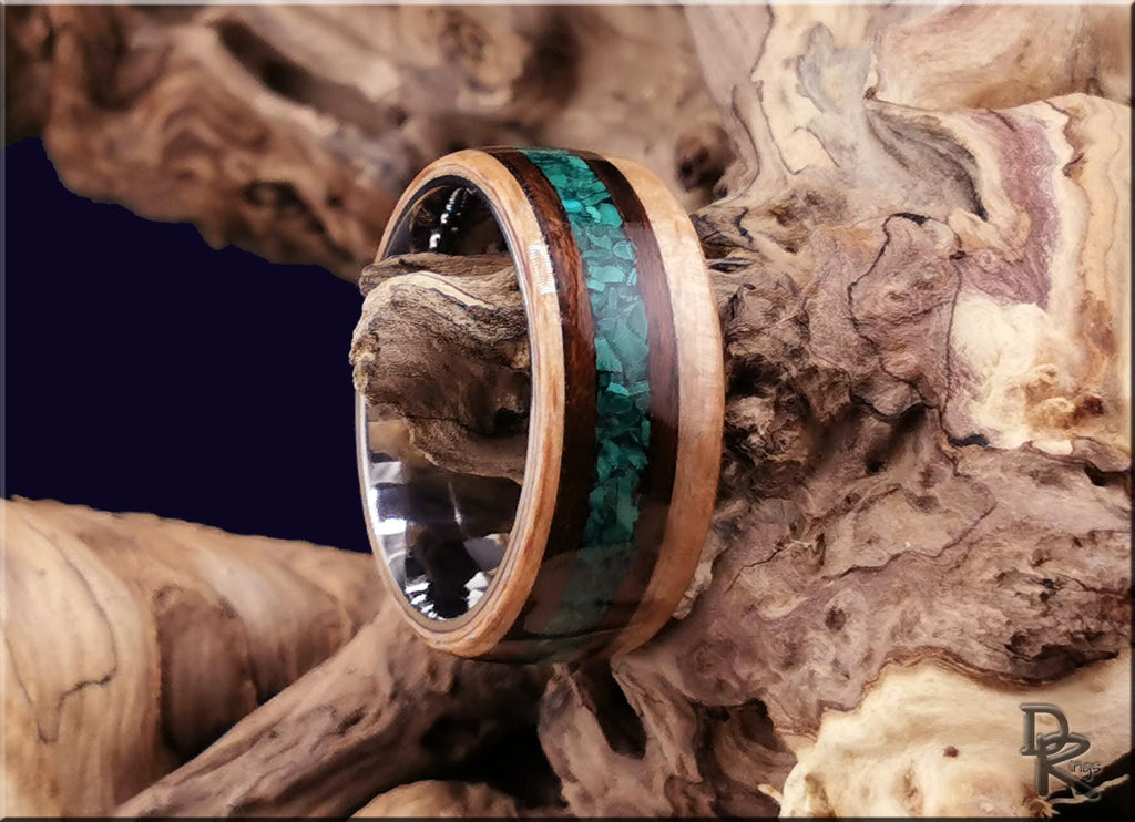 Bentwood Ring: Brownheart Beech, offset inlaid Smoked Etimoe and Malachite, Titanium core