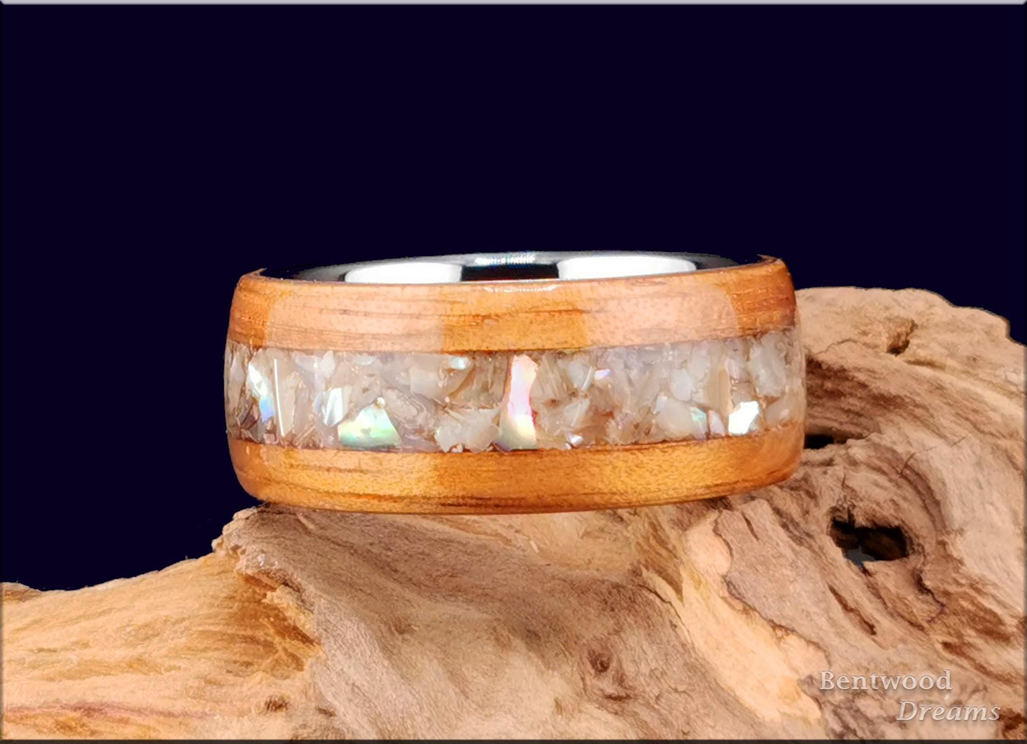 Bentwood Ring: Golden Hawaiian Koa, inlaid Abalone Shell, Tungsten core, Quick Ship