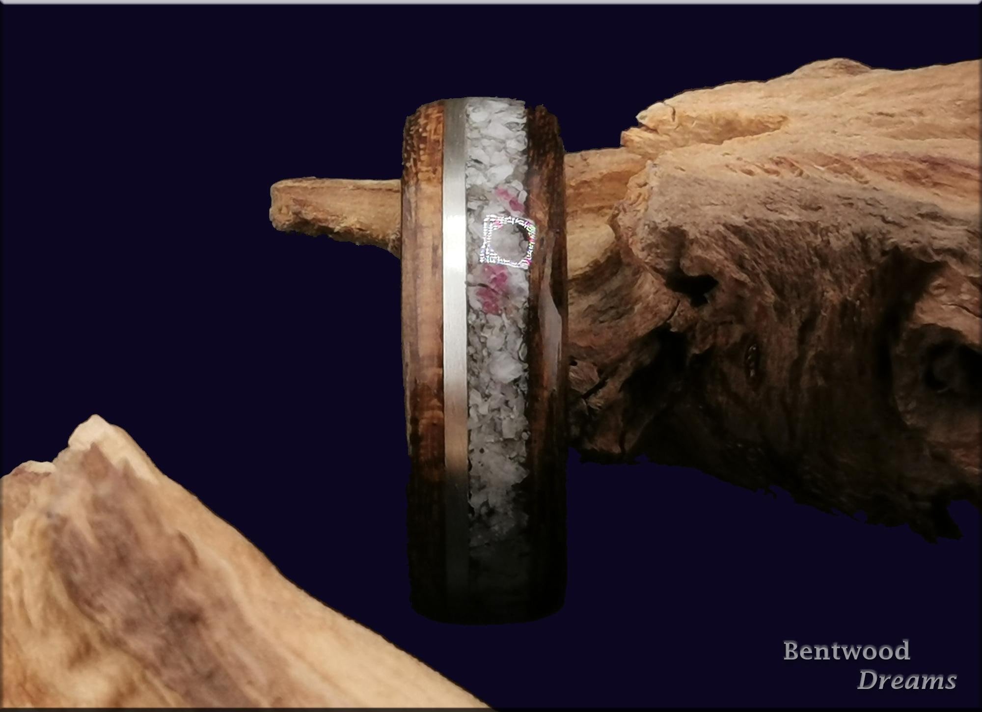 Bentwood Ring: Ovangkol, inlaid Madagascar Eudialyte and Silver Wire, Brushed Carbon Fiber core