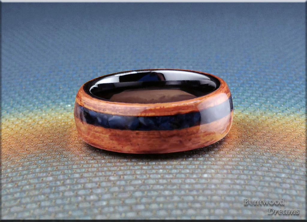 Bentwood Ring: Jatoba, offset inlaid Sieber Agate, Polished Black Ceramic core, wood ring