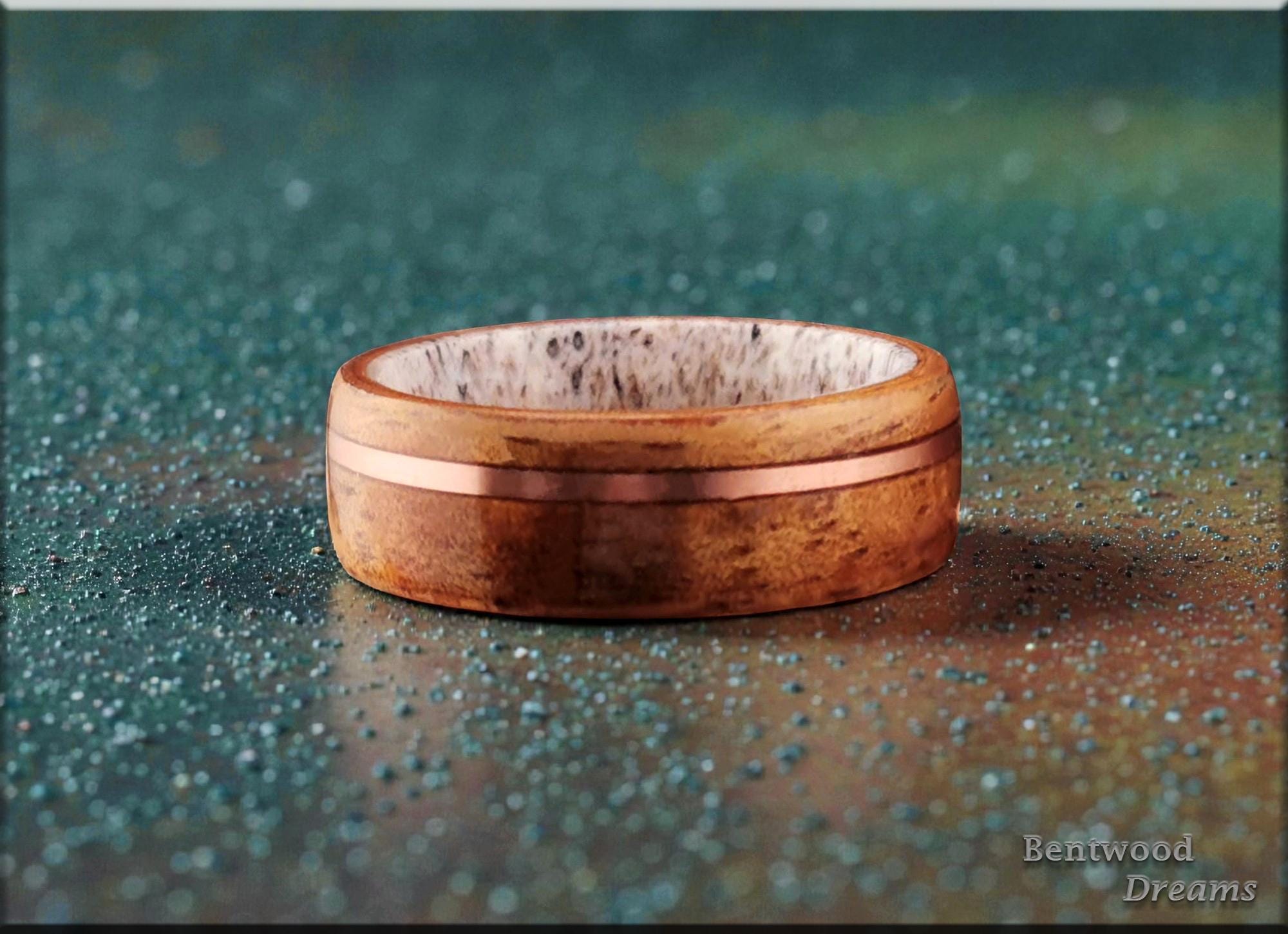 Koa Bentwood Ring: Golden Hawaiian Wood, Copper Inlay, Black Ceramic Core