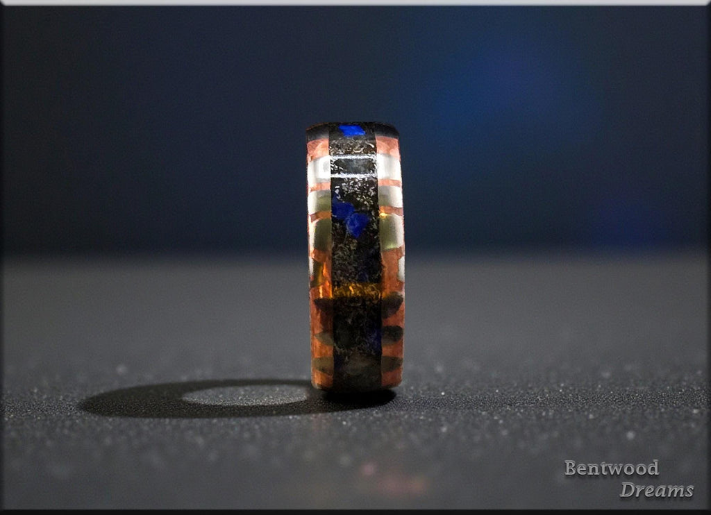Superconductor Ring: inlaid Meteorite and Ethiopian Welo Opal, Straight-Cut/Large Filament