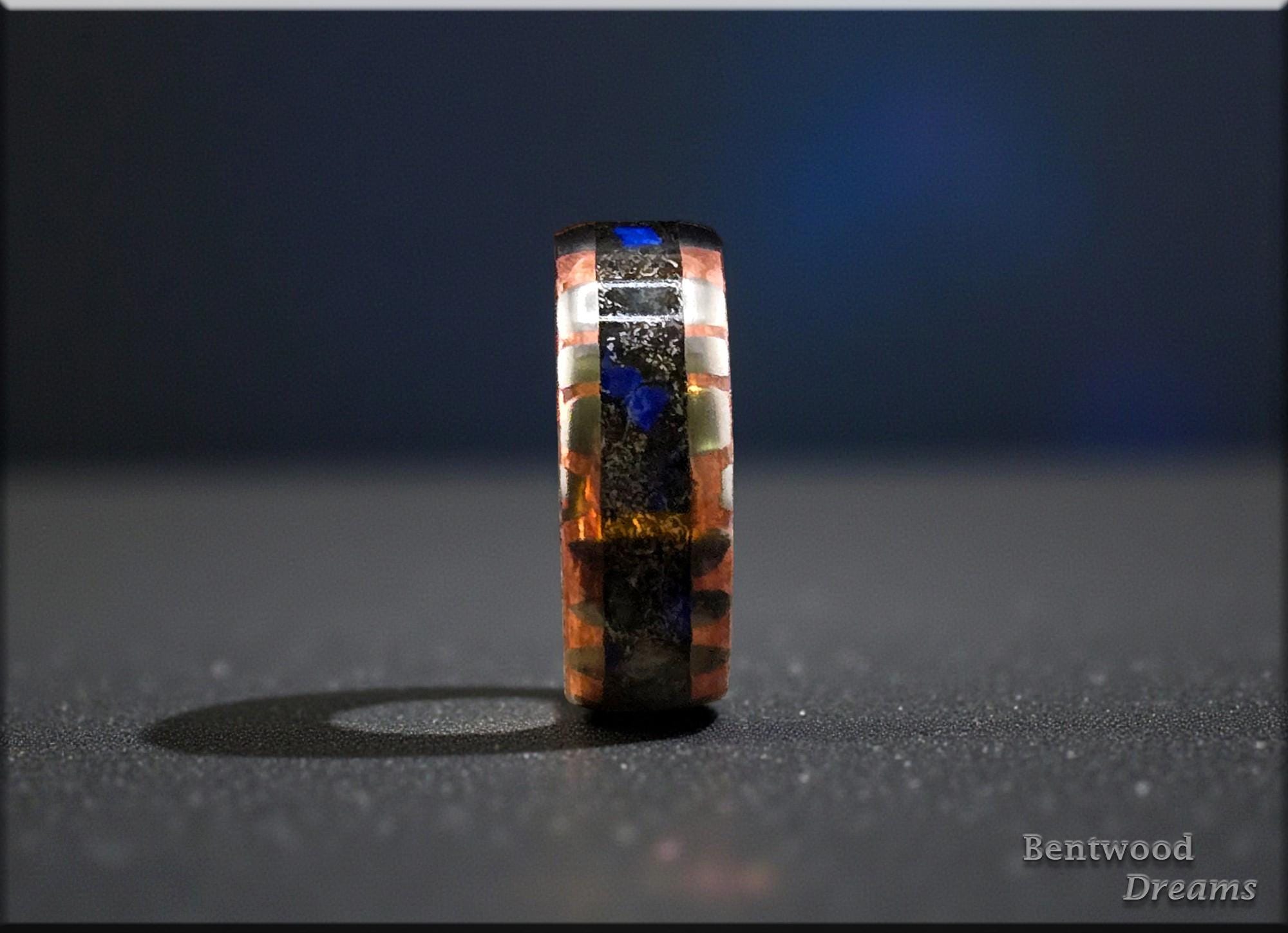 Superconductor Ring: inlaid Meteorite and Ethiopian Welo Opal, Straight-Cut/Large Filament