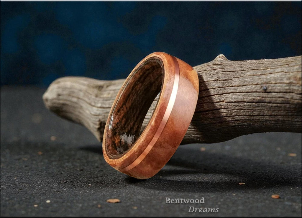 Bentwood Ring: Madrone Burl, offset inlaid Copper Wire, Louro Preto wood core