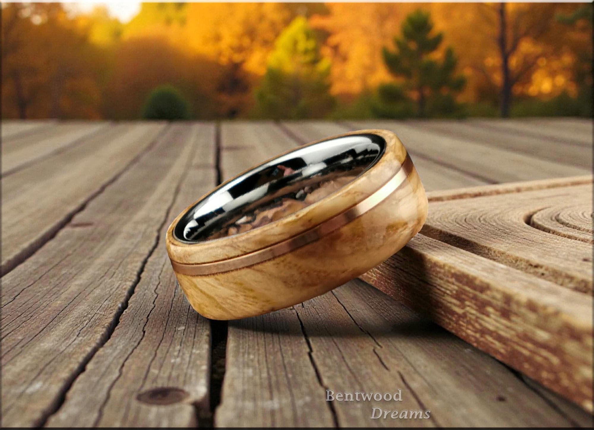 Olive Ash Burl Bentwood Ring: Bronze Inlay, Tungsten Core