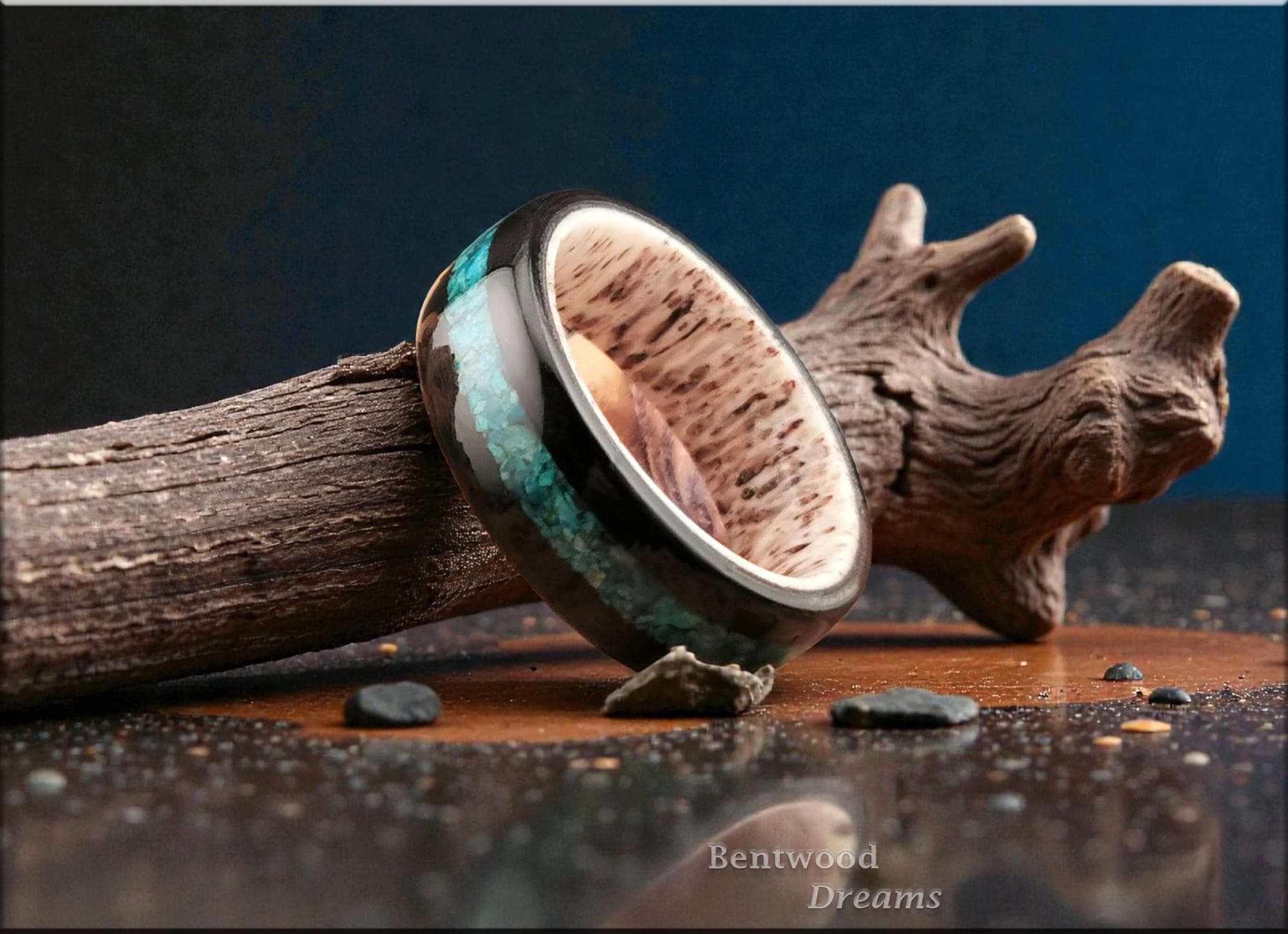 Bentwood Ring: Black Birdseye Maple, inlaid Chilean Chrysocolla, Deer Antler core, wood ring