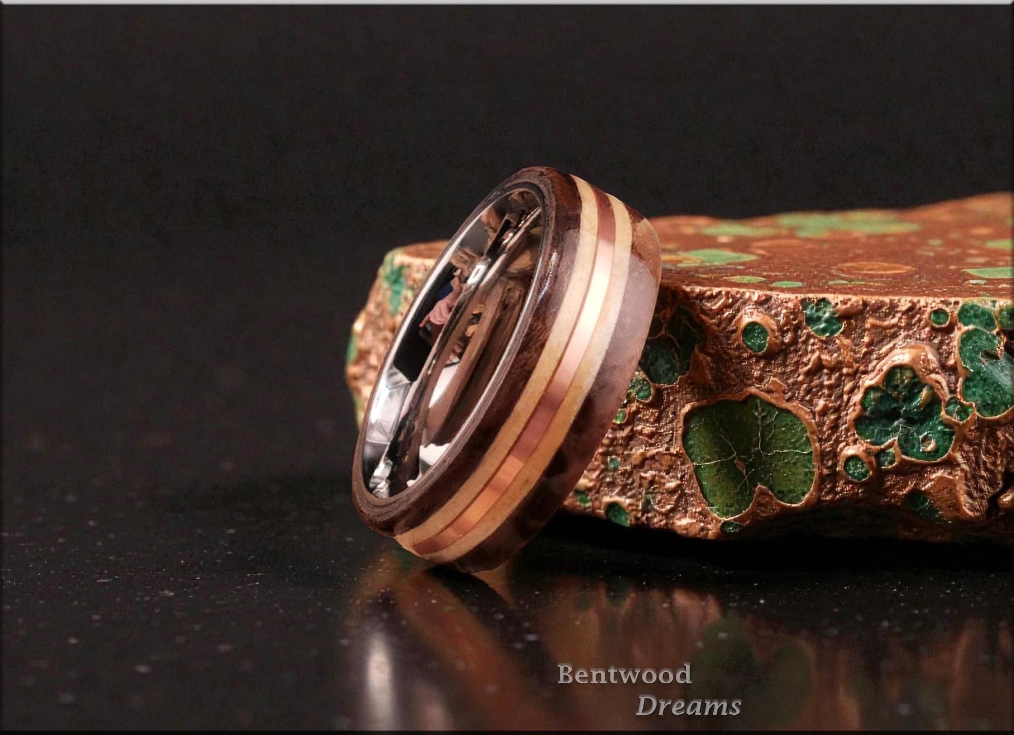 Bentwood Ring: Claro Walnut Burl, Birdseye Pine and Copper Wire, Polished Titanium core