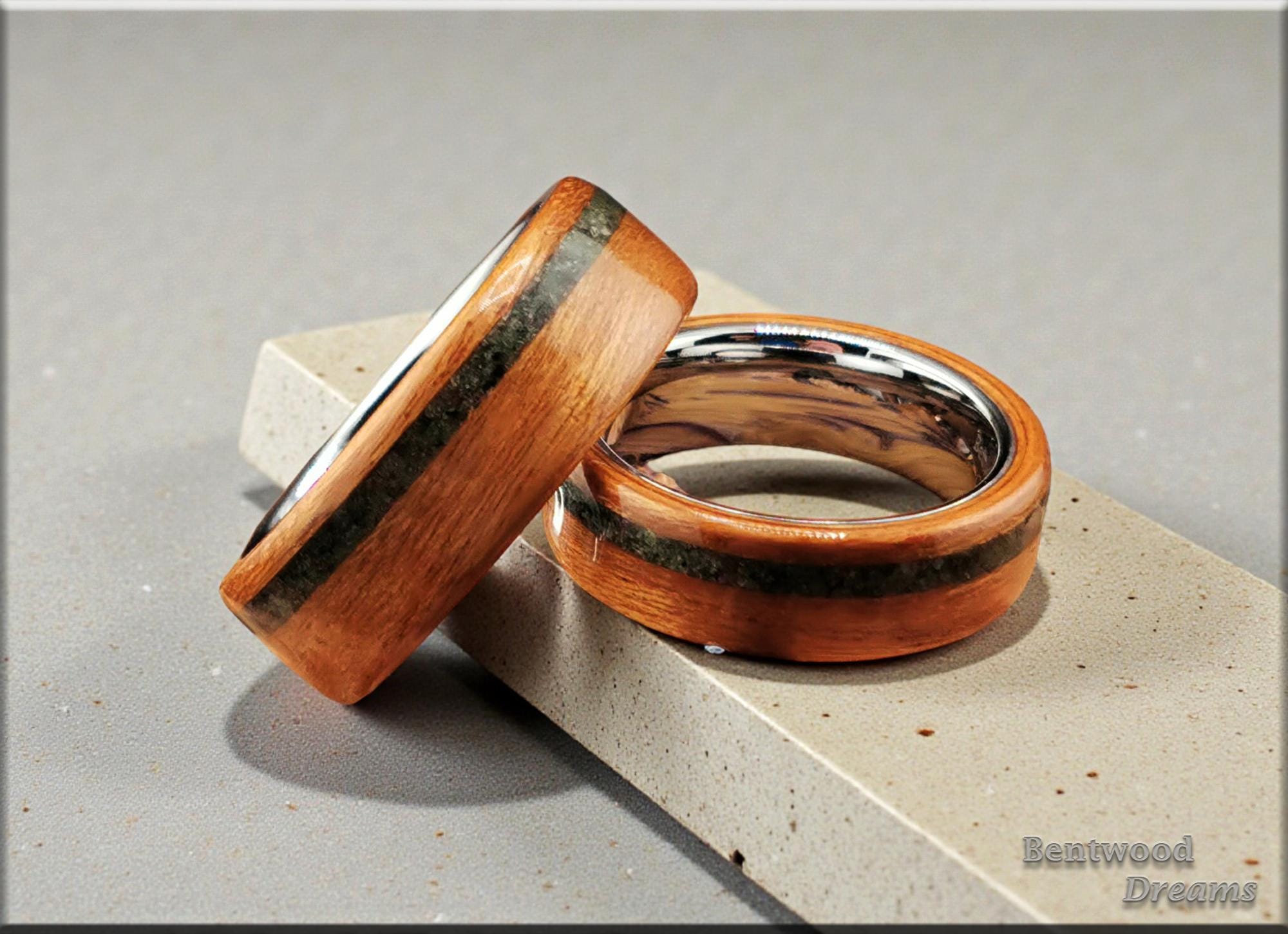 Bentwood Ring Set: Black Cherry, offset Ruby Zoisite, polished White Tungsten cores