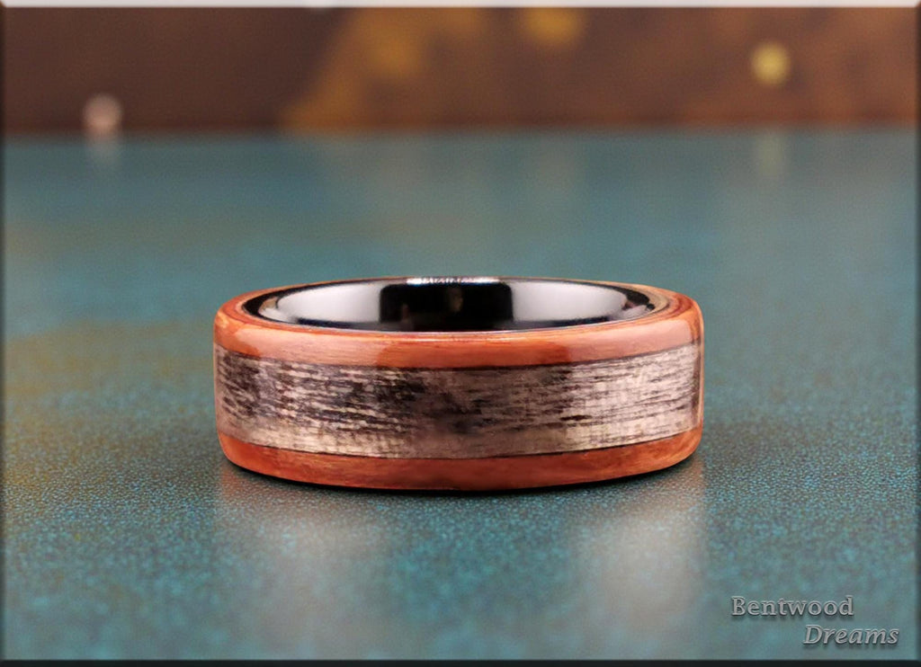 Bentwood Ring: Plumwood, inlaid Harborica, Black Ceramic core, wood ring