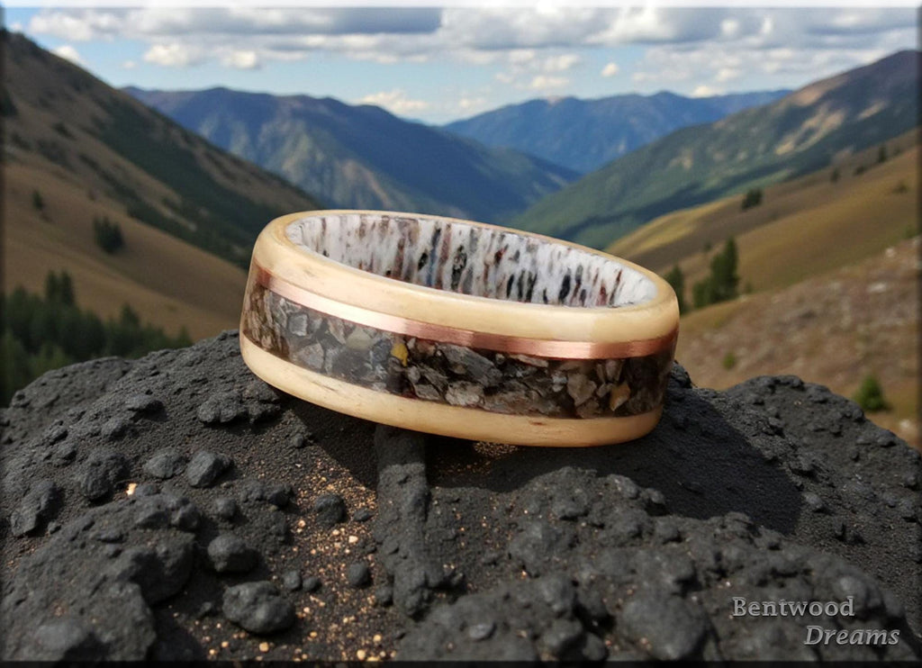 Bentwood Ring: Rare Birdseye Pine, Allosaurus Bone and Copper Wire, Ceramic Core