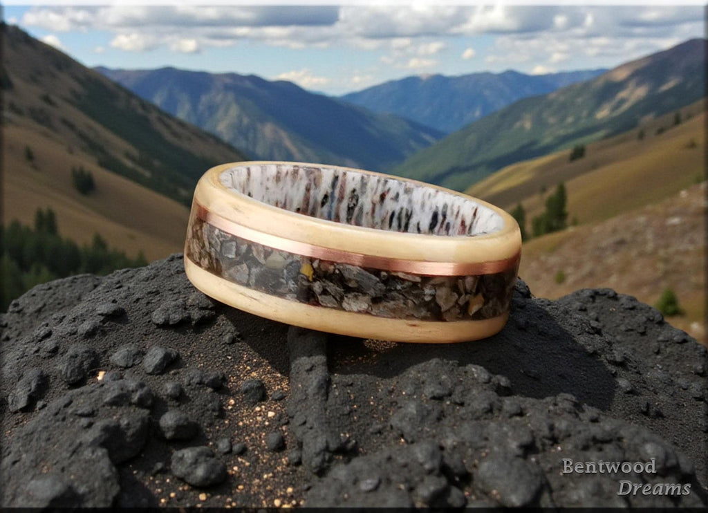 Bentwood Ring: Rare Birdseye Pine, Allosaurus Bone and Copper Wire, Black Ceramic, Quick Ship