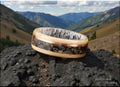 Bentwood Ring: Rare Birdseye Pine, Allosaurus Bone and Copper Wire, Black Ceramic, Quick Ship