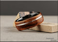 Bentwood Ring: Ako, inlaid offset Sterling Silver wire, Polished Black Ceramic core, wood ring