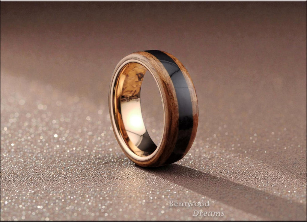 Bentwood Ring: Quartersawn Etimoe, inlaid Shungite, Rose Gold Tungsten Carbide core, wood ring