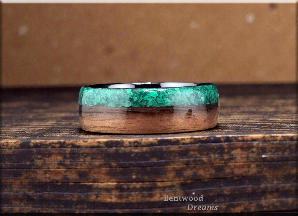 Bentwood Ring: Black Walnut, live edge inlaid Malachite, polished Black Ceramic core, wood ring