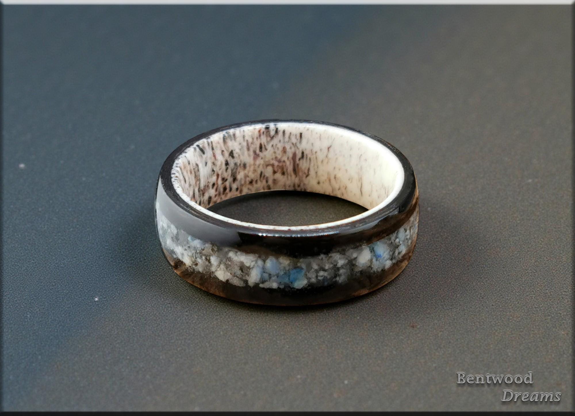 Bentwood Ring: Smoked Eucalyptus, inlaid K2 Granite/Blueberry Jasper, Deer Antler core, wood ring
