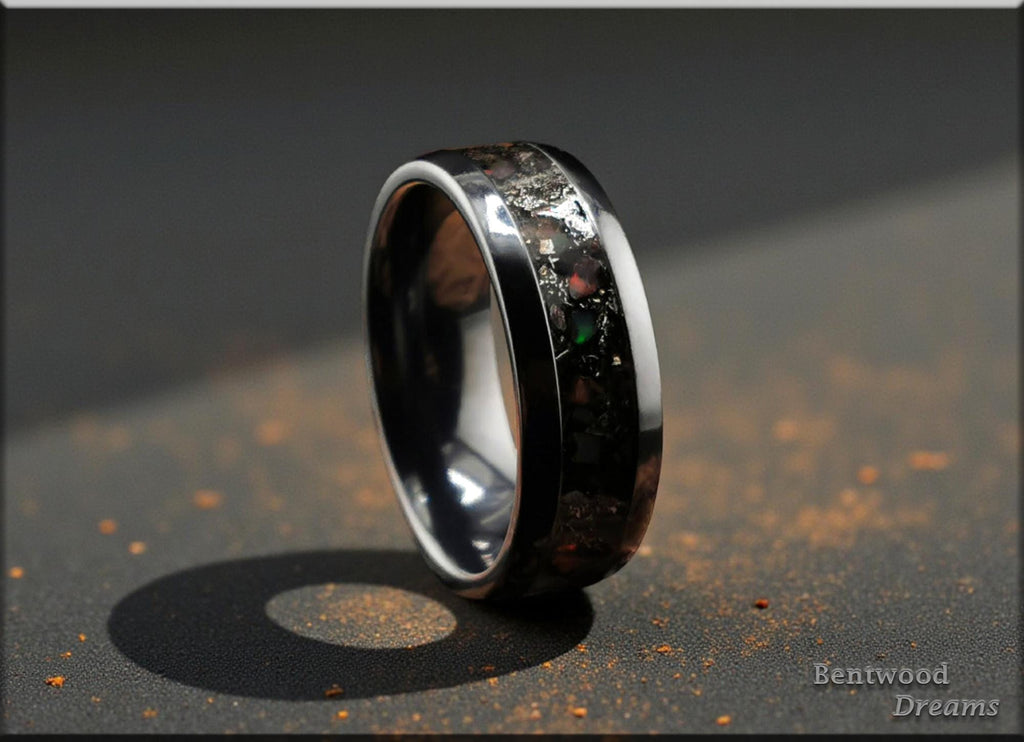 Meteorite Zirconium Ring, Dino Bone, Welo Opal Inlay