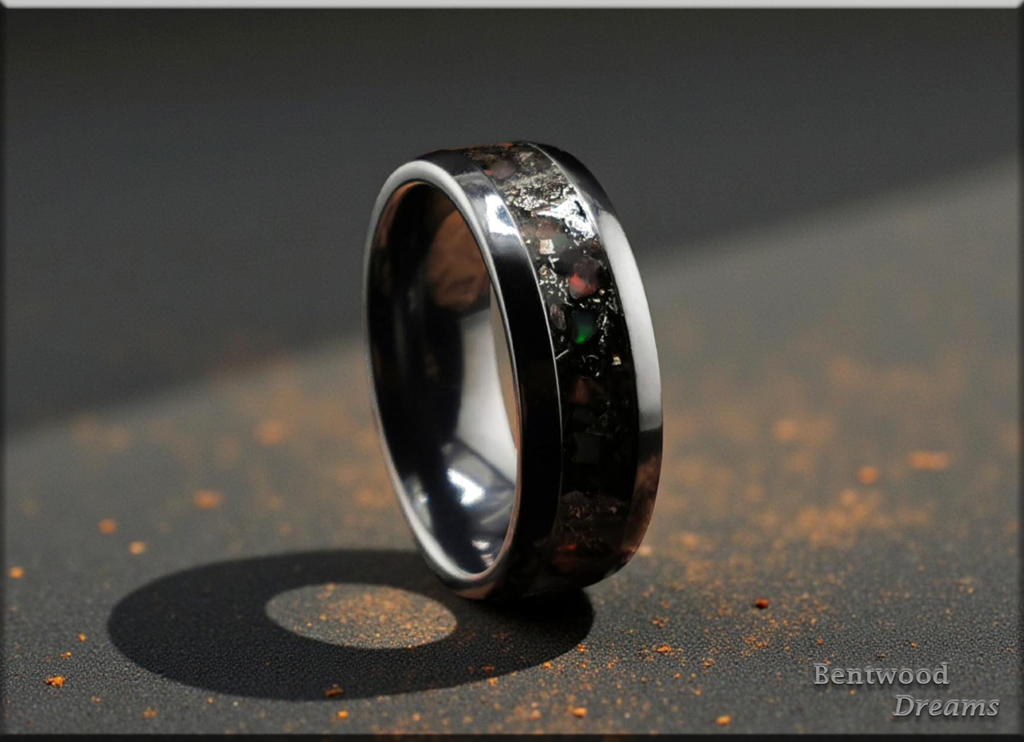 Meteorite Zirconium Ring, Dino Bone, Welo Opal Inlay