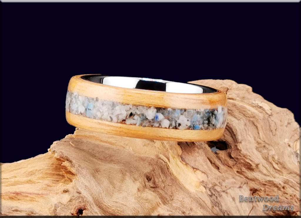Bentwood Ring: Hickory, inlaid Blueberry Jasper, Tungsten Carbide core, Quick Ship